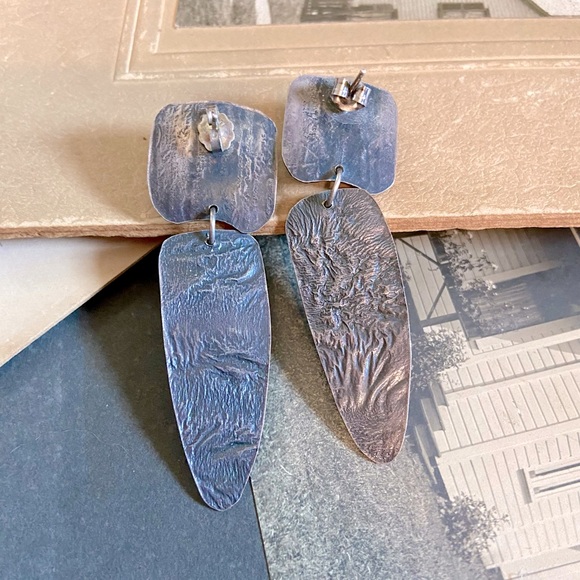 Highly Textured Artisan Made Sterling Silver Pierced Ear drop Earrings - Picture 7 of 10